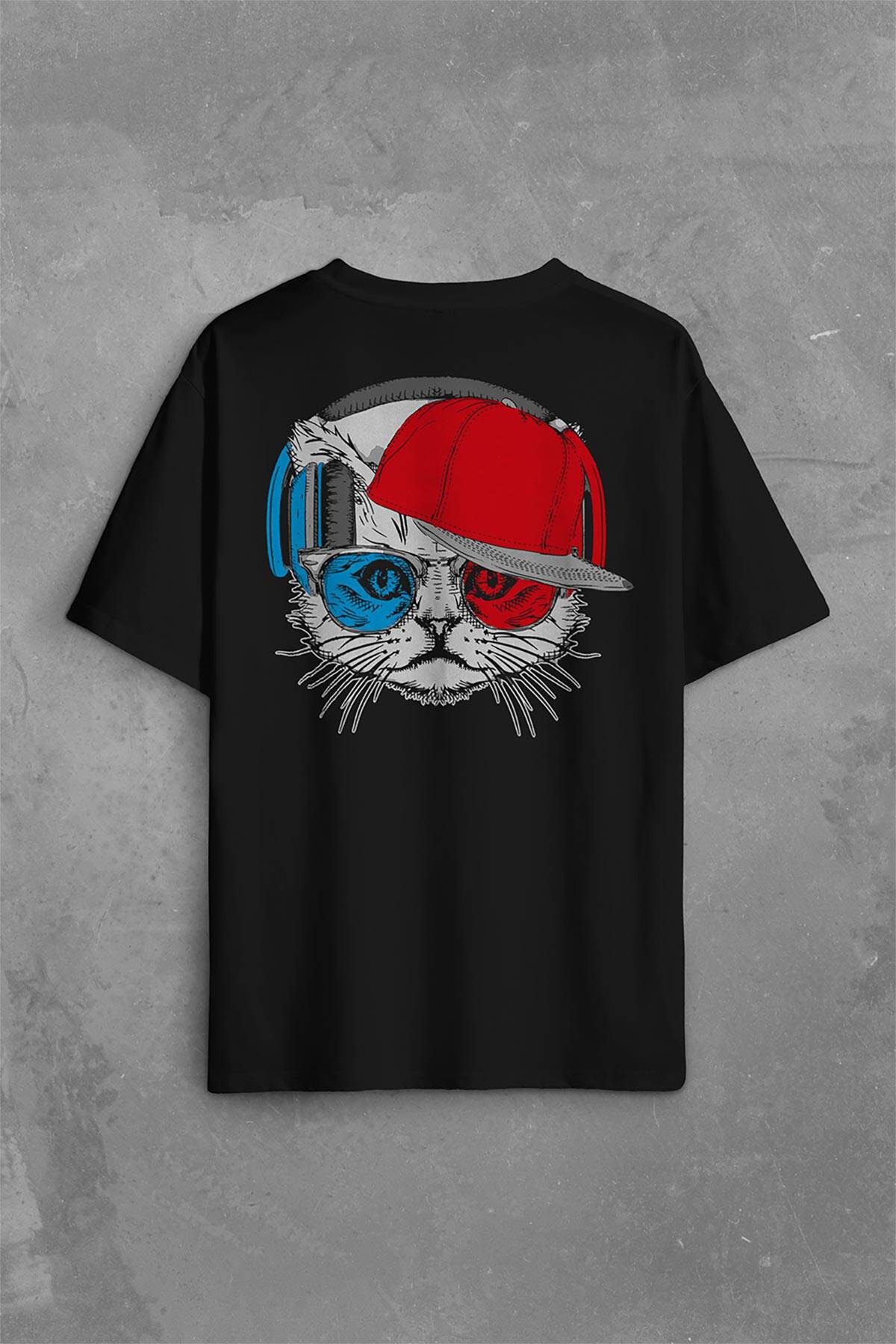 Cat Glasses Gözlüklü Bordo Mavi Spor Kedi Sırt Ön Baskılı Oversize Tişört Unisex