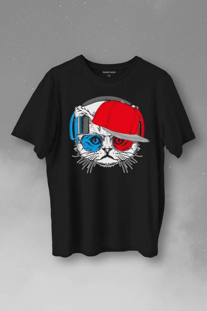 Cat Glasses Gözlüklü Bordo Mavi Spor Trabzon Kedi Baskılı Siyah Tişört Unisex
