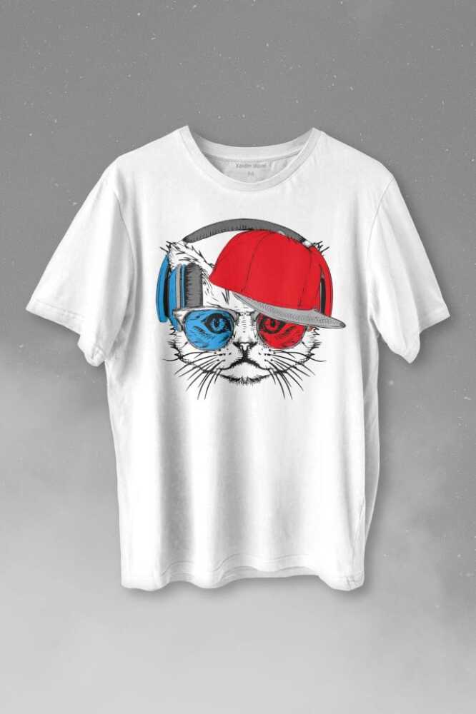 Cat Glasses Gözlüklü Bordo Mavi Spor Trabzon Kedi Baskılı Beyaz Tişört Unisex