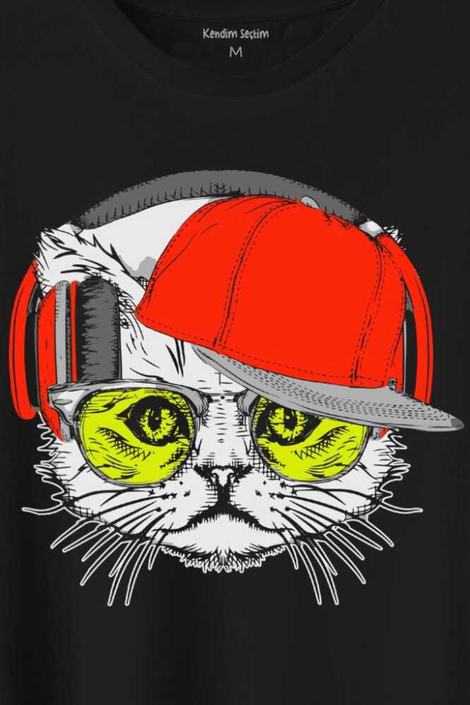 Cat Glasses Gözlüklü Kırmızı Kedi Baskılı Siyah Tişört Unisex (1)