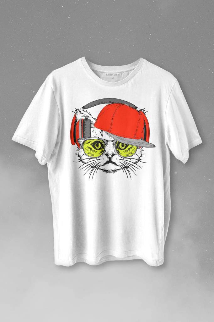 Cat Glasses Gözlüklü Kırmızı Kedi Baskılı Beyaz Tişört Unisex