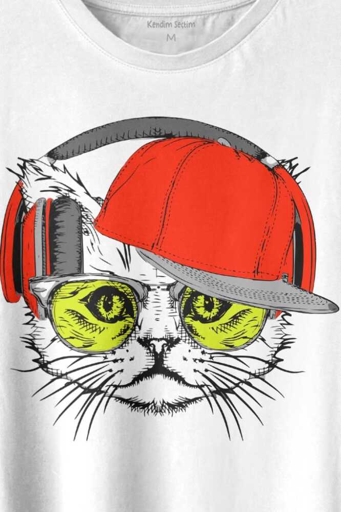 Cat Glasses Gözlüklü Kırmızı Kedi Baskılı Beyaz Tişört Unisex (1)