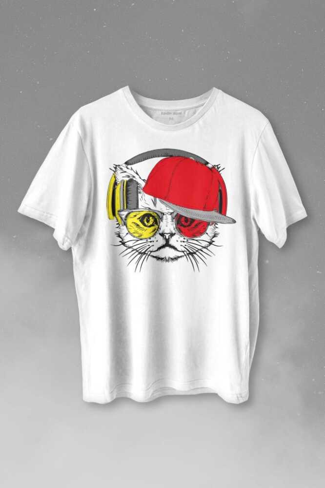 Cat Glasses Gözlüklü Sarı Kırmızı Kedi Baskılı Beyaz Tişört Unisex