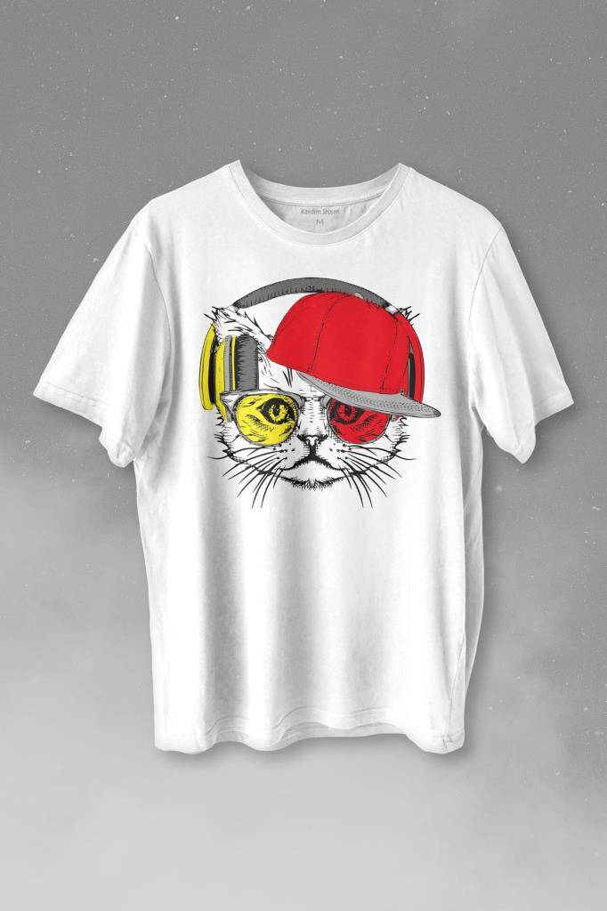Cat Glasses Gözlüklü Sarı Kırmızı Kedi Baskılı Beyaz Tişört Unisex