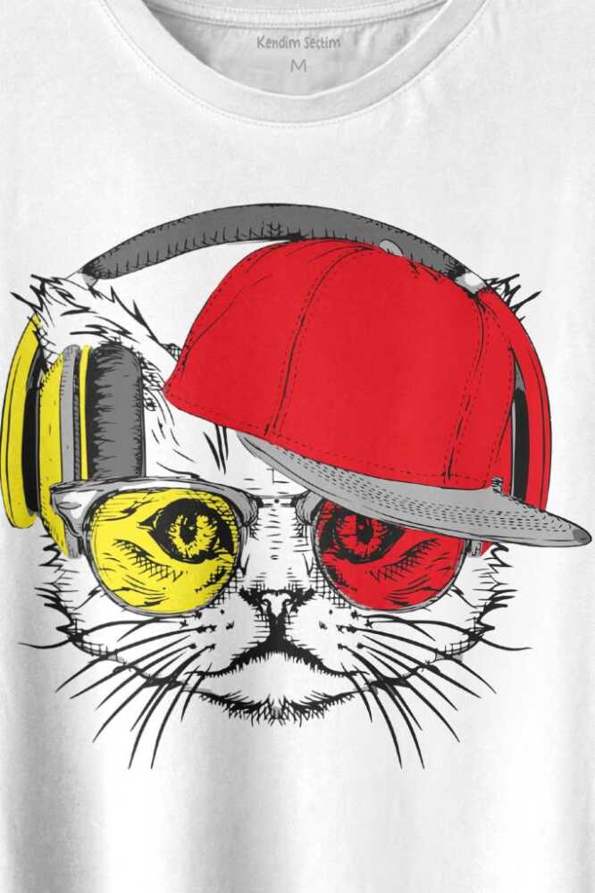 Cat Glasses Gözlüklü Sarı Kırmızı Kedi Baskılı Beyaz Tişört Unisex (1)
