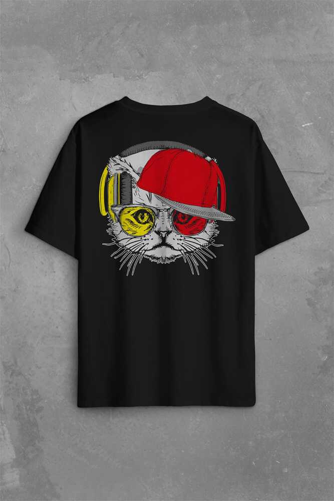 Cat Glasses Gözlüklü Sarı Kırmızı Kedi Sırt Ön Baskılı Oversize Tişört Unisex