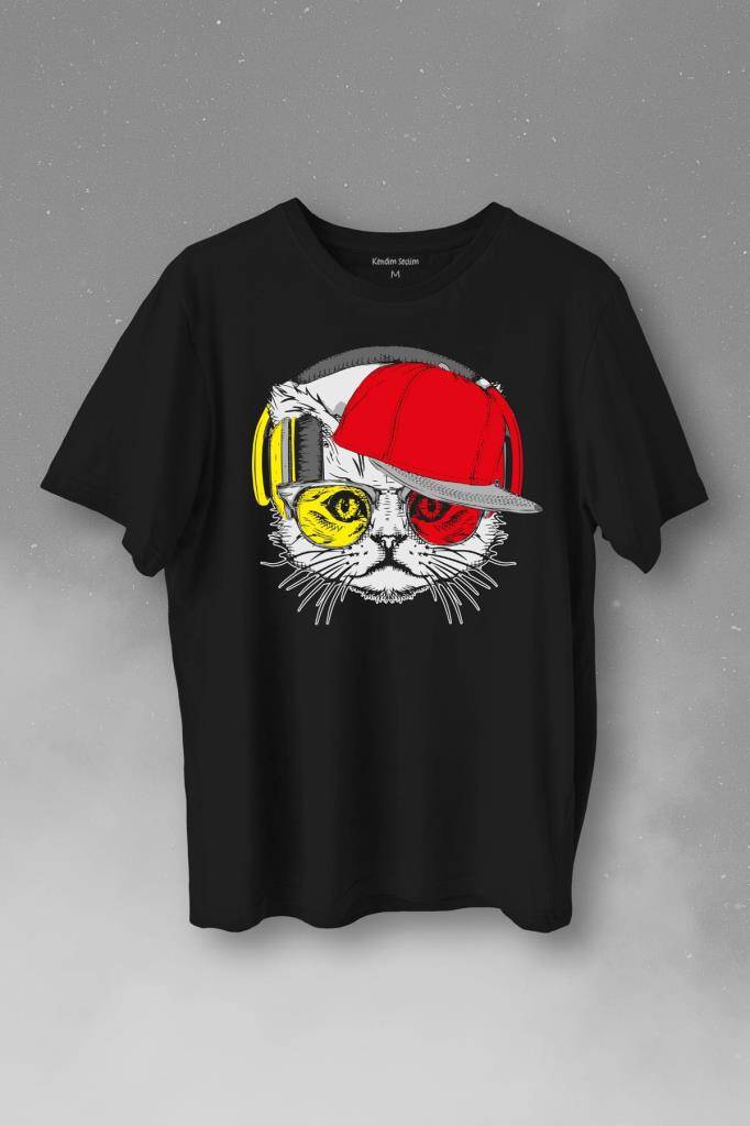 Cat Glasses Gözlüklü Sarı Kırmızı Kedi Baskılı Siyah Tişört Unisex
