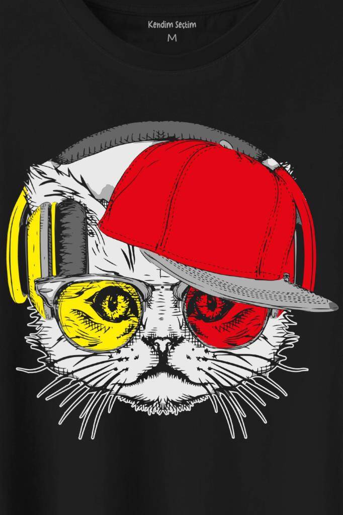 Cat Glasses Gözlüklü Sarı Kırmızı Kedi Baskılı Siyah Tişört Unisex (1)