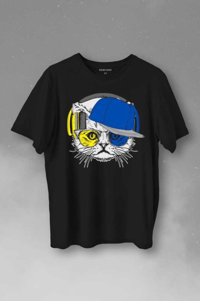 Cat Glasses Gözlüklü Sarı Lacivert Kedi Baskılı Siyah Tişört Unisex