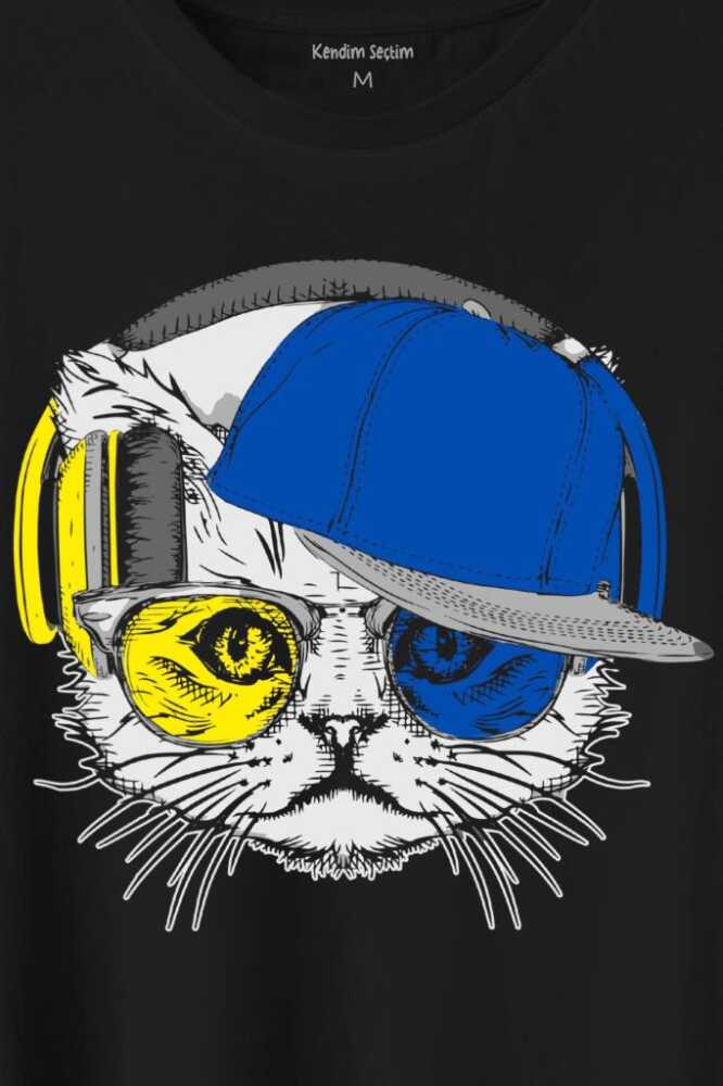 Cat Glasses Gözlüklü Sarı Lacivert Kedi Baskılı Siyah Tişört Unisex (1)