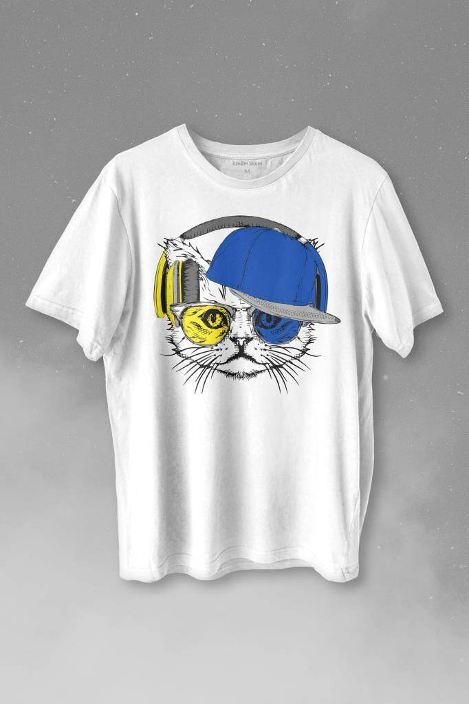Cat Glasses Gözlüklü Sarı Lacivert Kedi Baskılı Beyaz Tişört Unisex