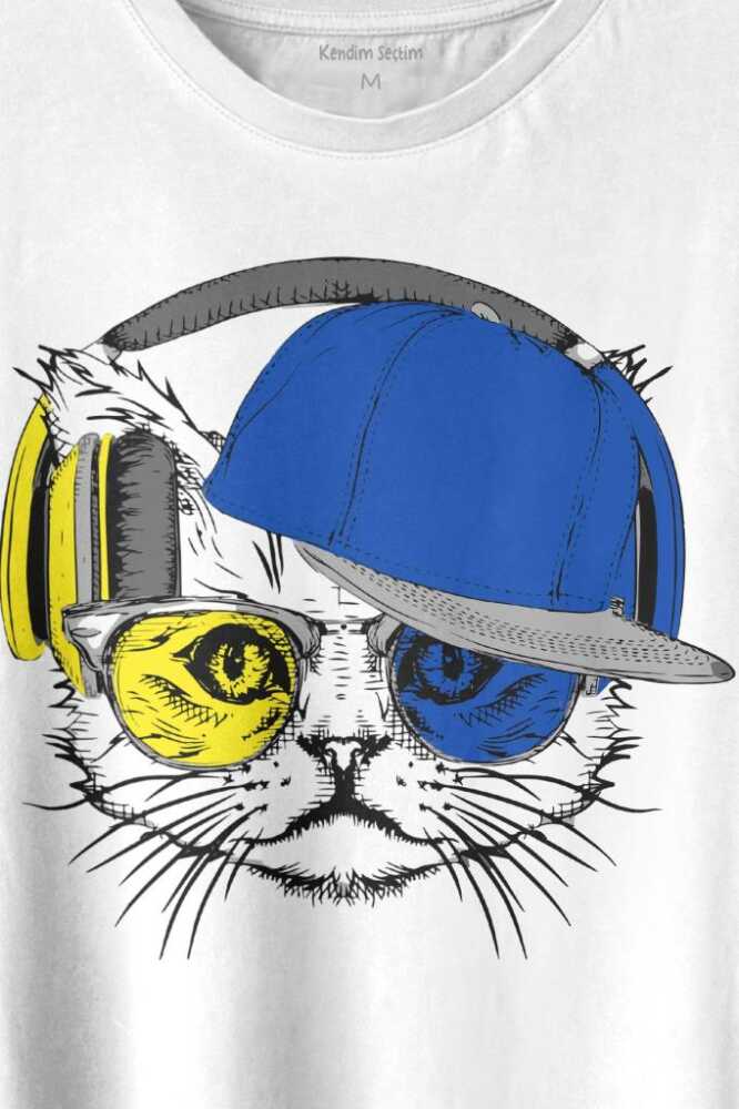 Cat Glasses Gözlüklü Sarı Lacivert Kedi Baskılı Beyaz Tişört Unisex (1)