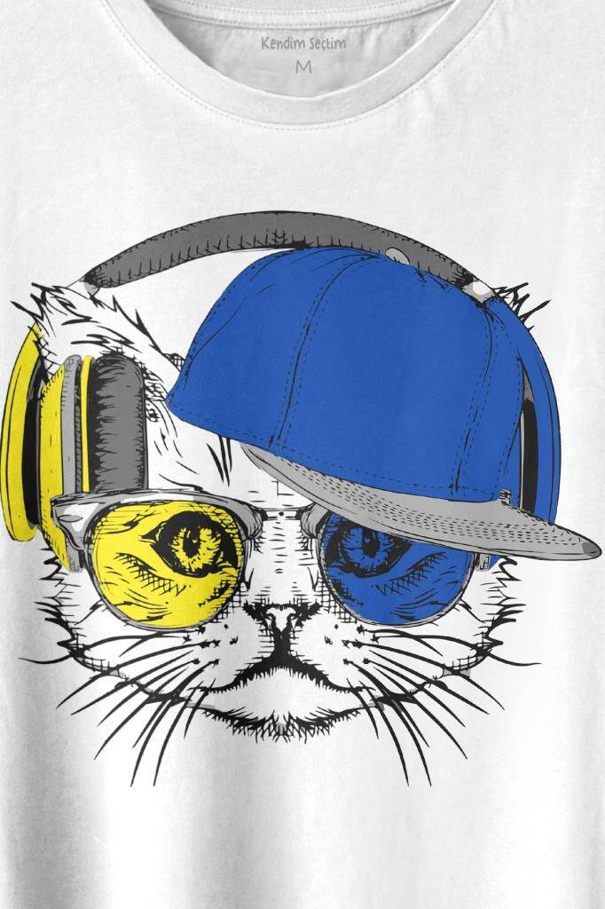 Cat Glasses Gözlüklü Sarı Lacivert Kedi Baskılı Beyaz Tişört Unisex (1)