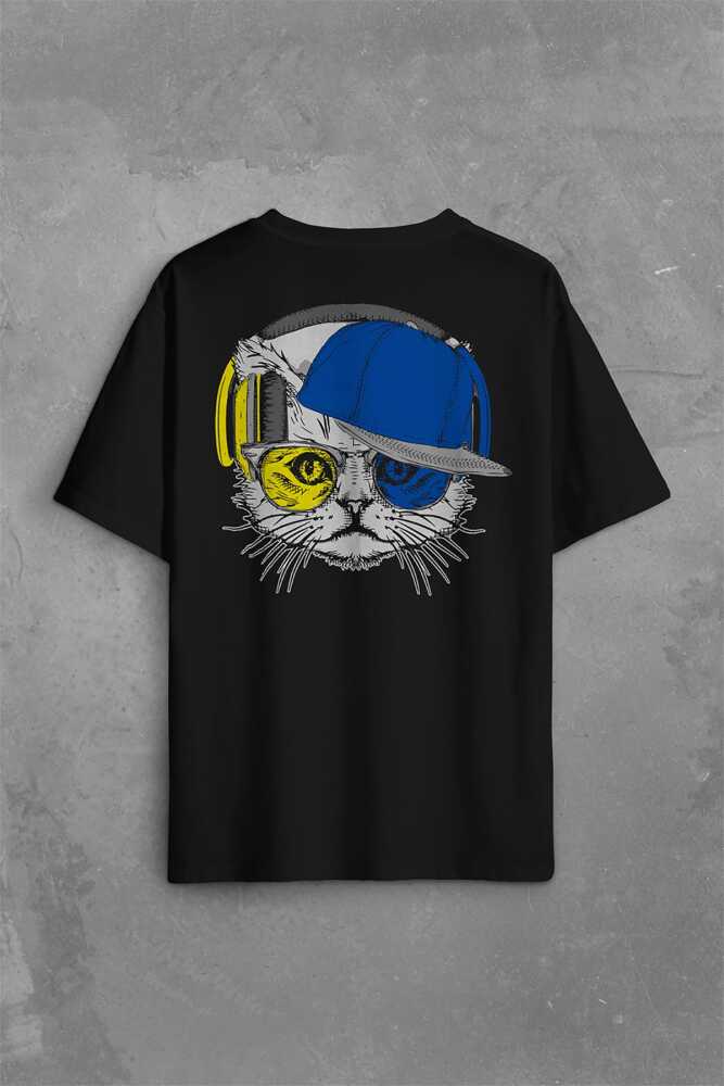 Cat Glasses Gözlüklü Sarı Lacivert Kedi Sırt Ön Baskılı Oversize Tişört Unisex