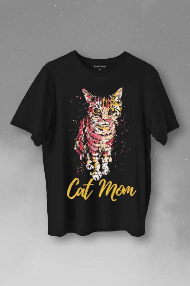 Cat Mom Kedi Mother Annesi Sevimli Masum Rengarenk Kedi Çizim Silueti Baskılı Siyah Tişört Unisex