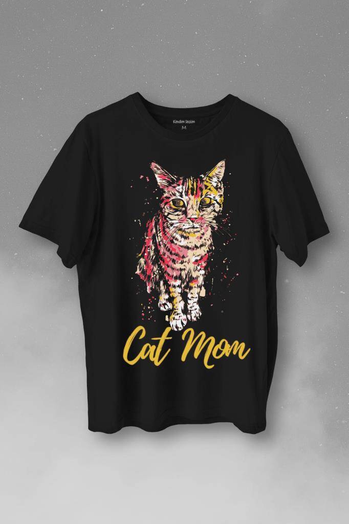 Cat Mom Kedi Mother Annesi Sevimli Masum Rengarenk Kedi Çizim Silueti Baskılı Siyah Tişört Unisex
