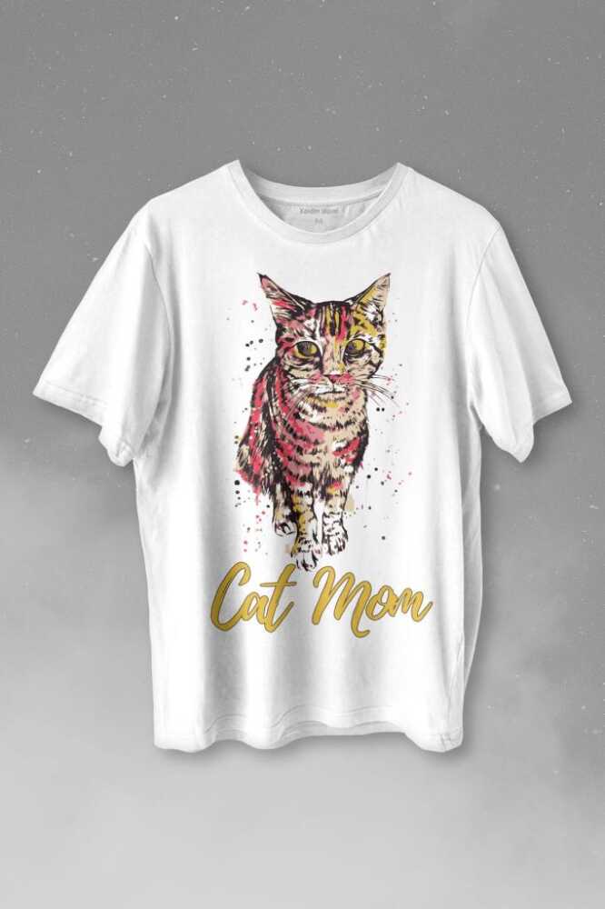 Cat Mom Kedi Mother Annesi Sevimli Masum Rengarenk Kedi Çizim Silueti Baskılı Beyaz Tişört Unisex