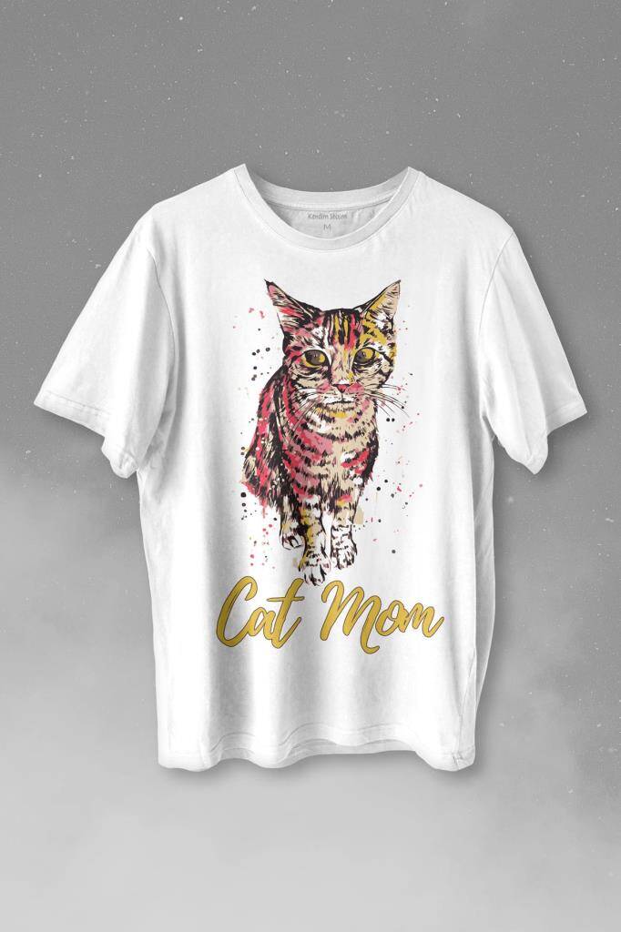 Cat Mom Kedi Mother Annesi Sevimli Masum Rengarenk Kedi Çizim Silueti Baskılı Beyaz Tişört Unisex