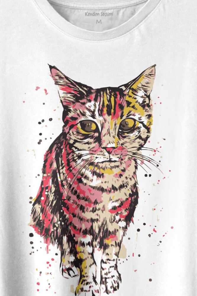 Cat Mom Kedi Mother Annesi Sevimli Masum Rengarenk Kedi Çizim Silueti Baskılı Beyaz Tişört Unisex (1)