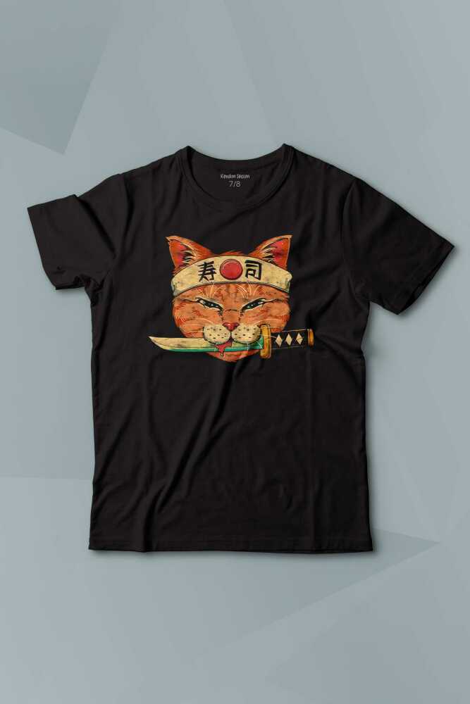 Cat Sushi Japanese Vintage Sokak Baskılı Çocuk Tişört Siyah