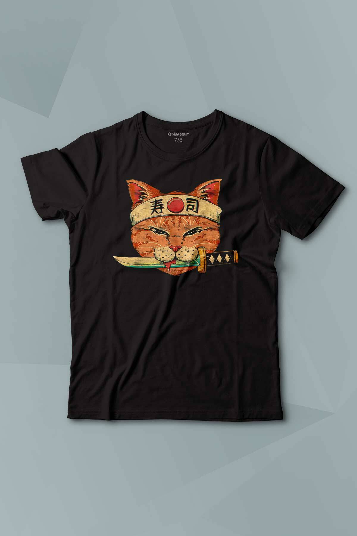 Cat Sushi Japanese Vintage Sokak Baskılı Çocuk Tişört Siyah