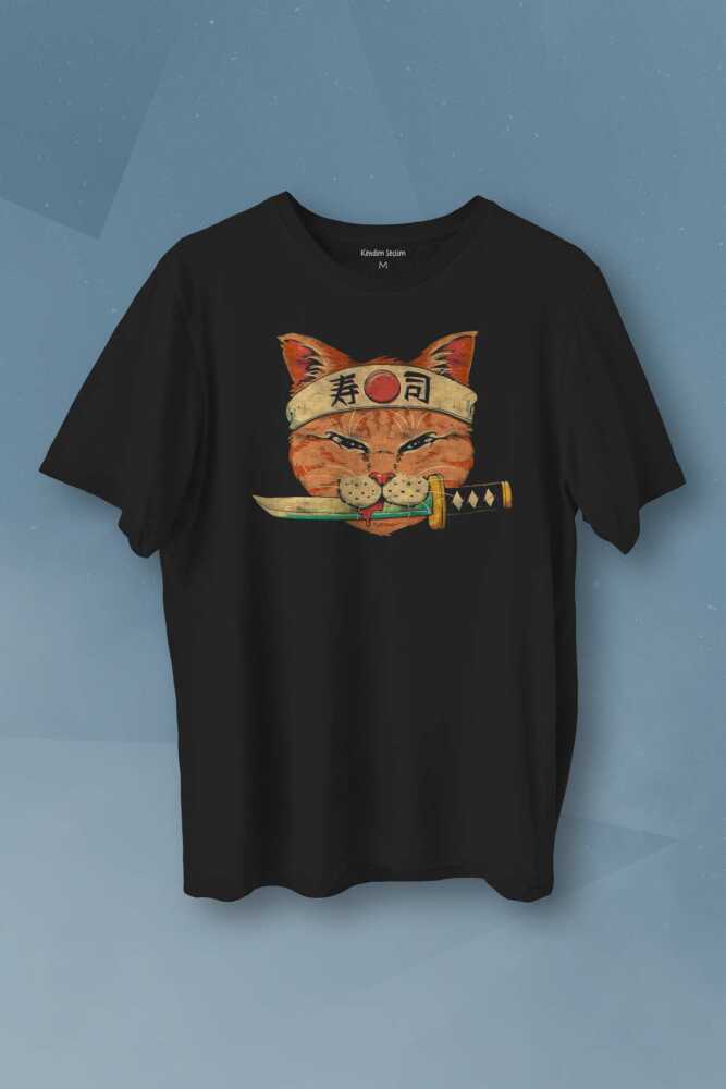 Cat Sushi Japanese Vintage Sokak Baskılı Siyah Unisex Tişört