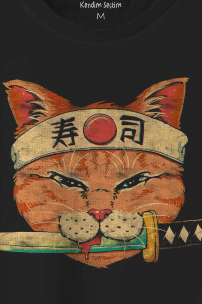 Cat Sushi Japanese Vintage Sokak Baskılı Siyah Unisex Tişört (1)