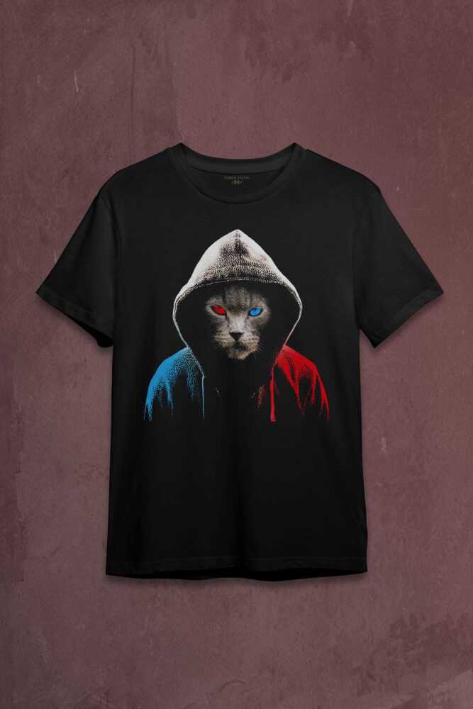 Cat Trabzon Kedisi Bordo Mavi Baskılı Tişört Unisex