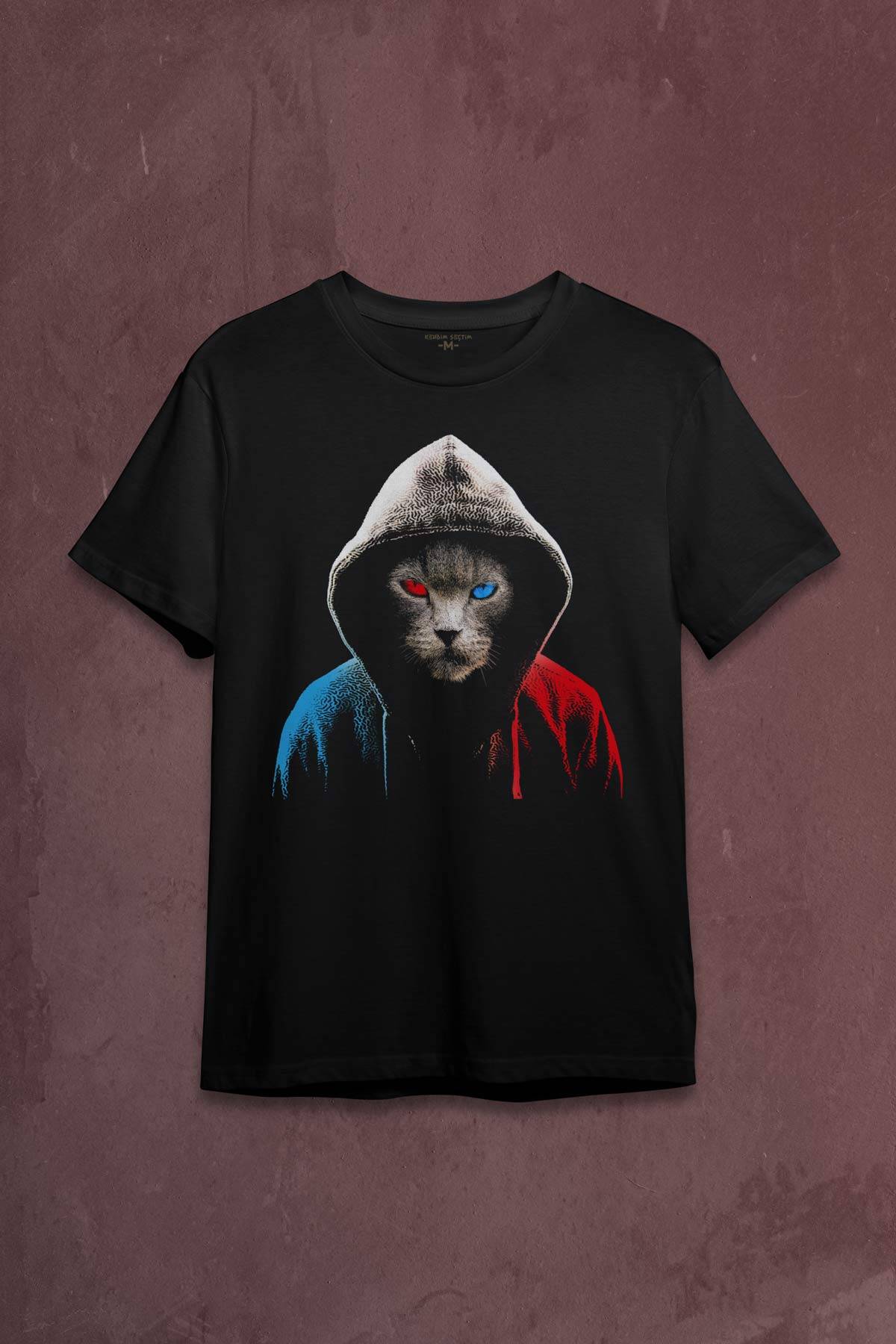 Cat Trabzon Kedisi Bordo Mavi Baskılı Tişört Unisex