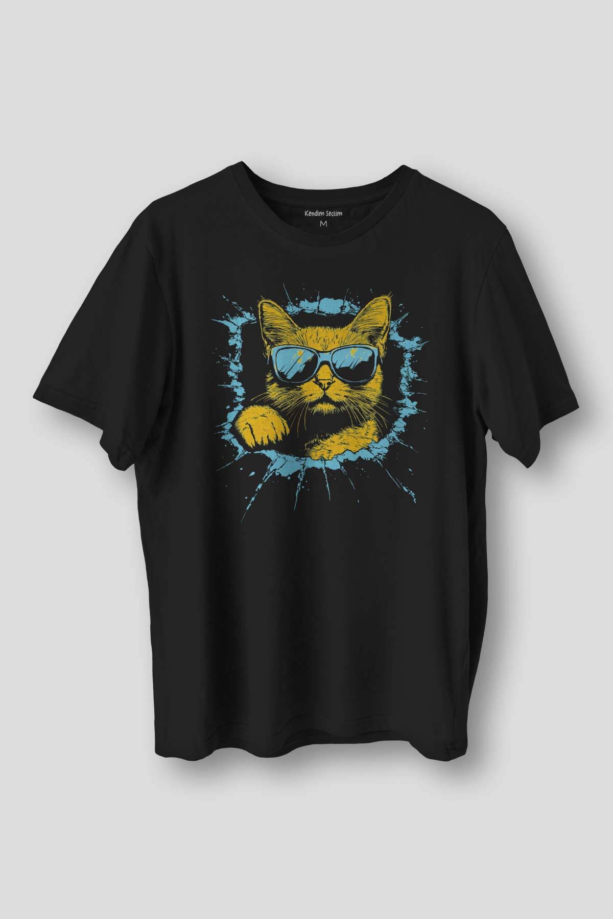 Cat With Glasses Gözlüklü Kedi Sarı Mavi Baskılı Siyah Tişört Unisex