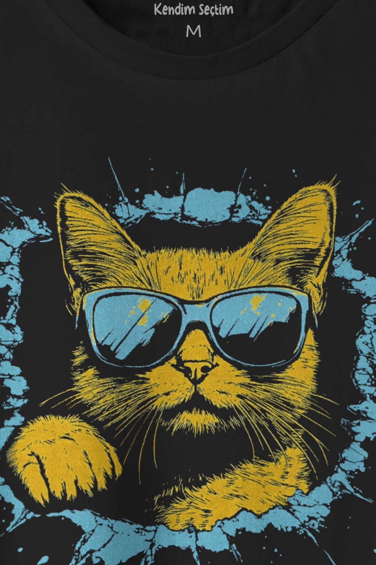 Cat With Glasses Gözlüklü Kedi Sarı Mavi Baskılı Siyah Tişört Unisex (1)