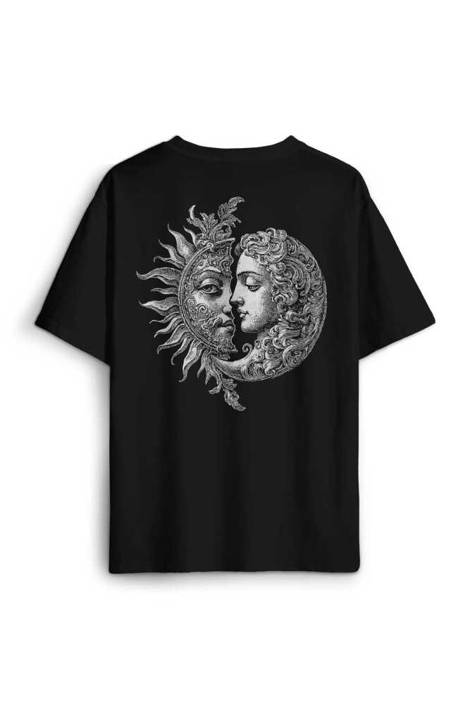 Celestial Balance Sun And Moon Güneş Ve Ay Astroloji Yin Yang Baskılı Siyah Oversize Tişört (1)