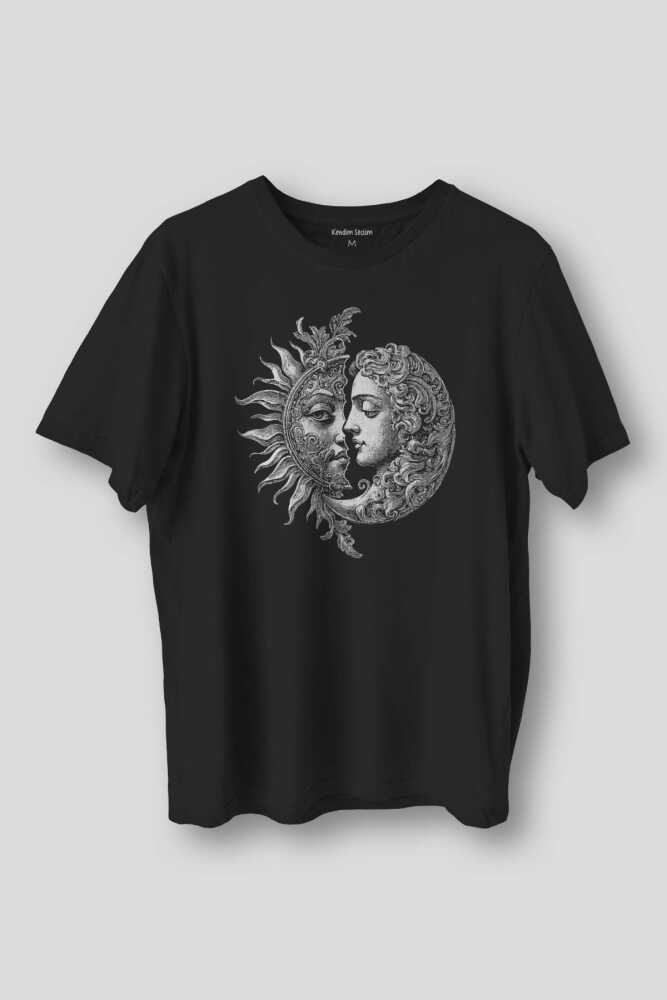 Celestial Balance Sun And Moon Güneş ve Ay Sevgi Uzay Astroloji Yin Yang Baskılı Siyah Tişört