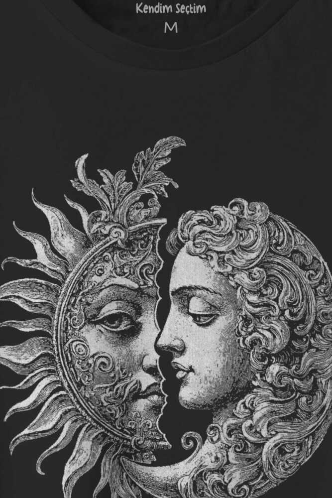 Celestial Balance Sun And Moon Güneş ve Ay Sevgi Uzay Astroloji Yin Yang Baskılı Siyah Tişört (1)