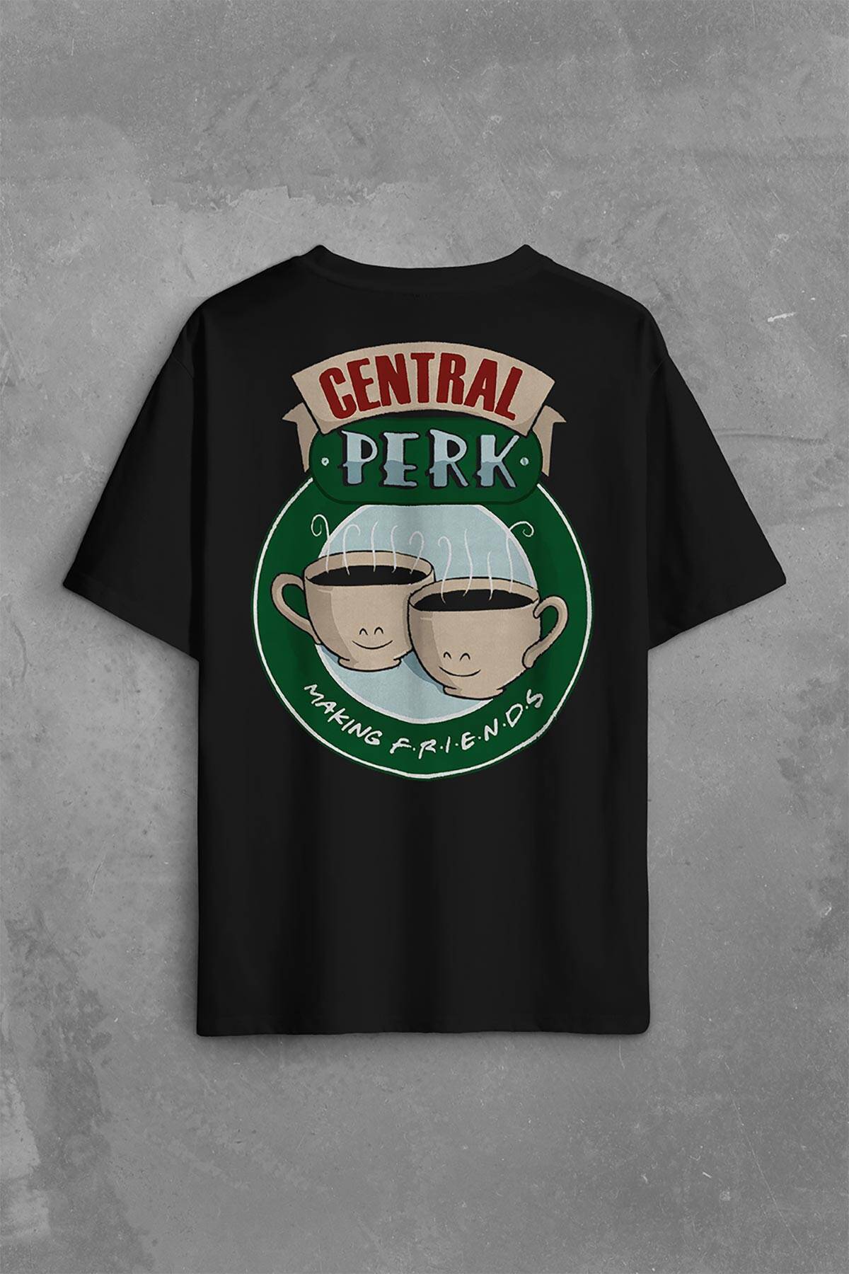 Central Perk Making Friends Logo Sırt Ön Baskılı Siyah Oversize Tişört Unisex (1)