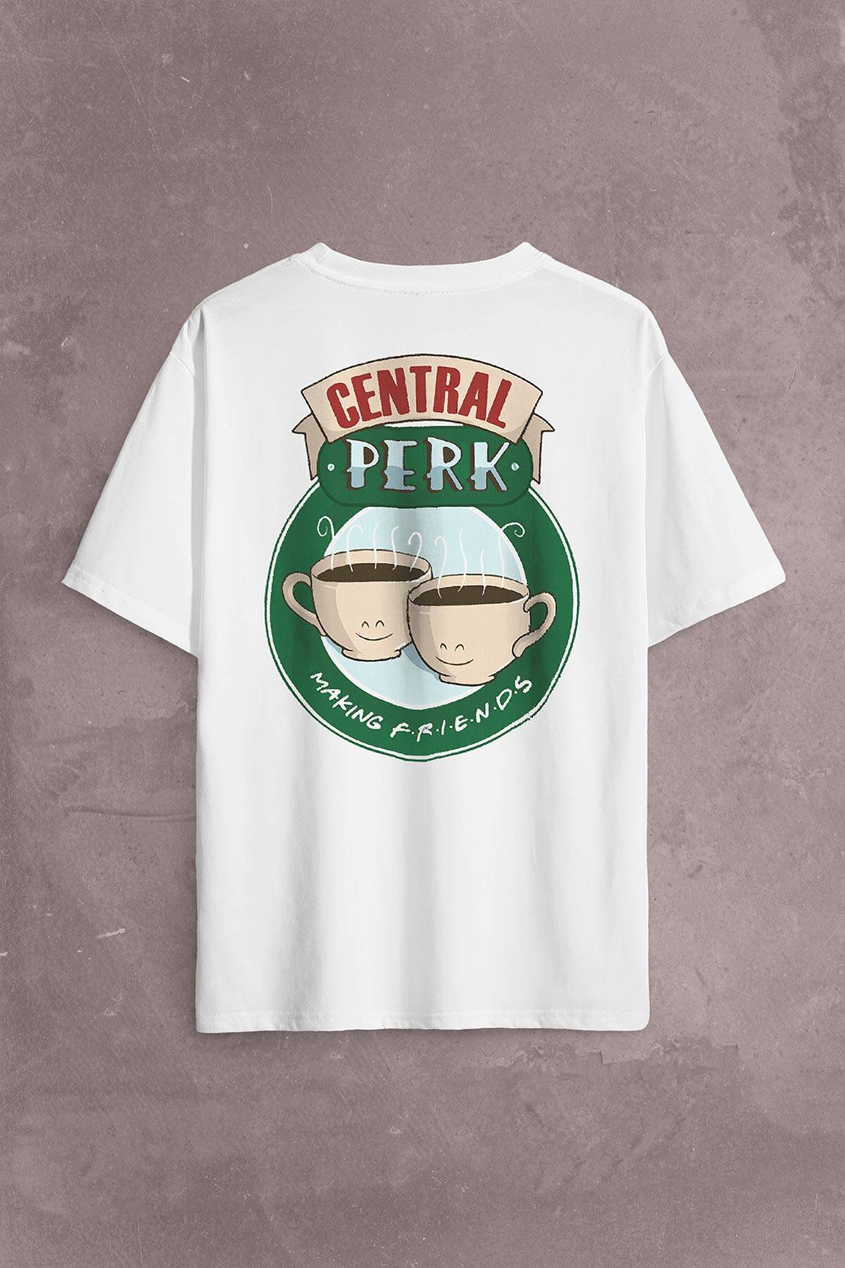 Central Perk Making Friends Logo Sırt Ön Baskılı Beyaz Oversize Tişört Unisex (1)