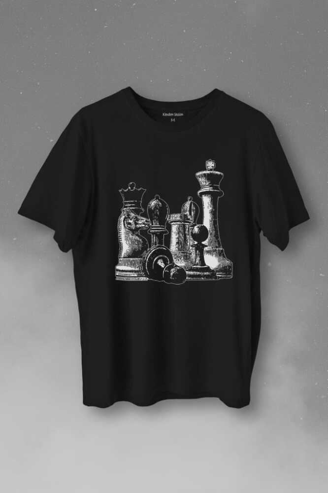 Chess Satranç Taşları Fil At Kale Vezir Baskılı Siyah Tişört Unisex