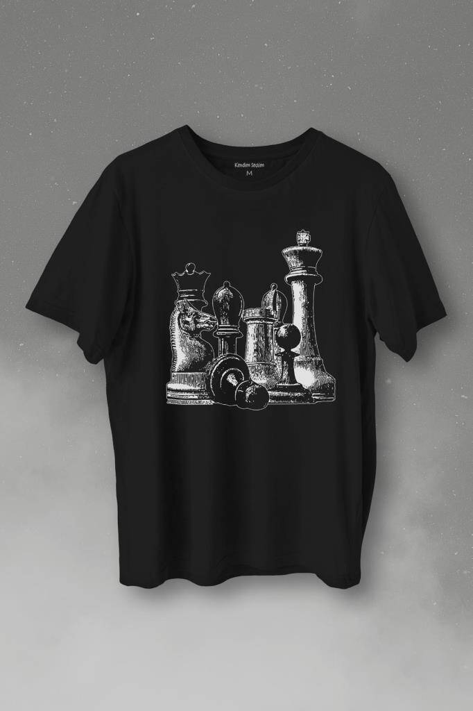 Chess Satranç Taşları Fil At Kale Vezir Baskılı Siyah Tişört Unisex