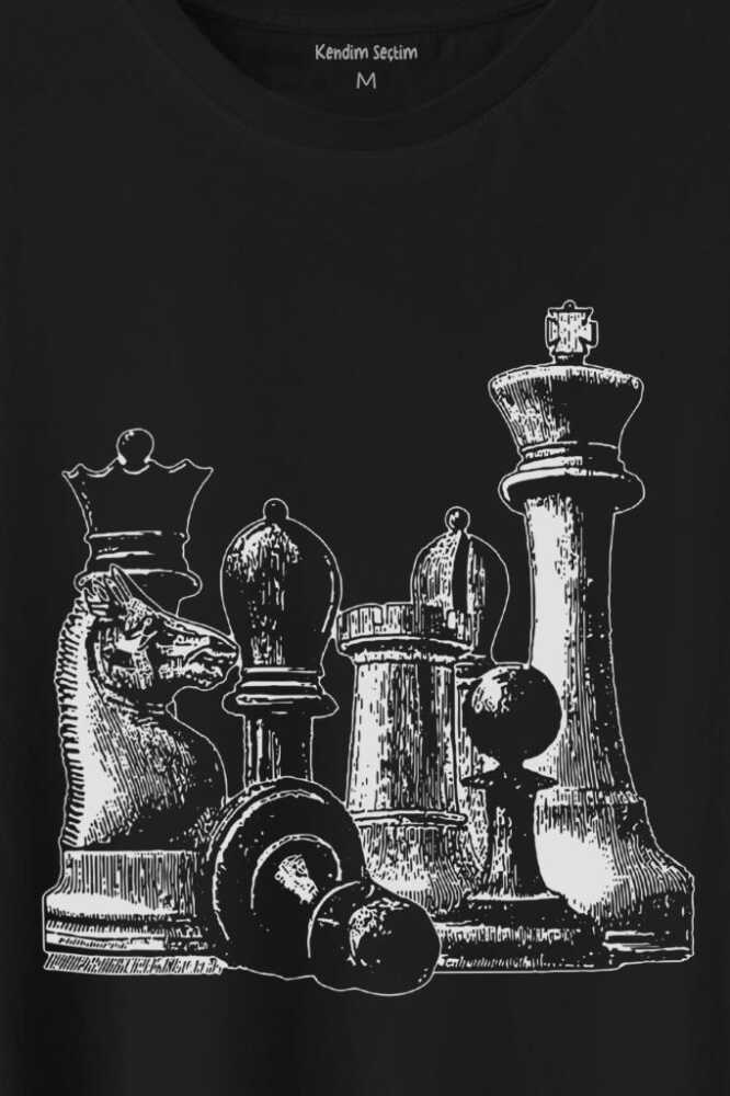 Chess Satranç Taşları Fil At Kale Vezir Baskılı Siyah Tişört Unisex (1)