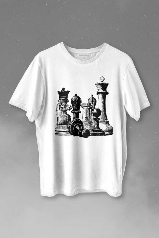 Chess Satranç Taşları Fil At Kale Vezir Baskılı Beyaz Tişört Unisex