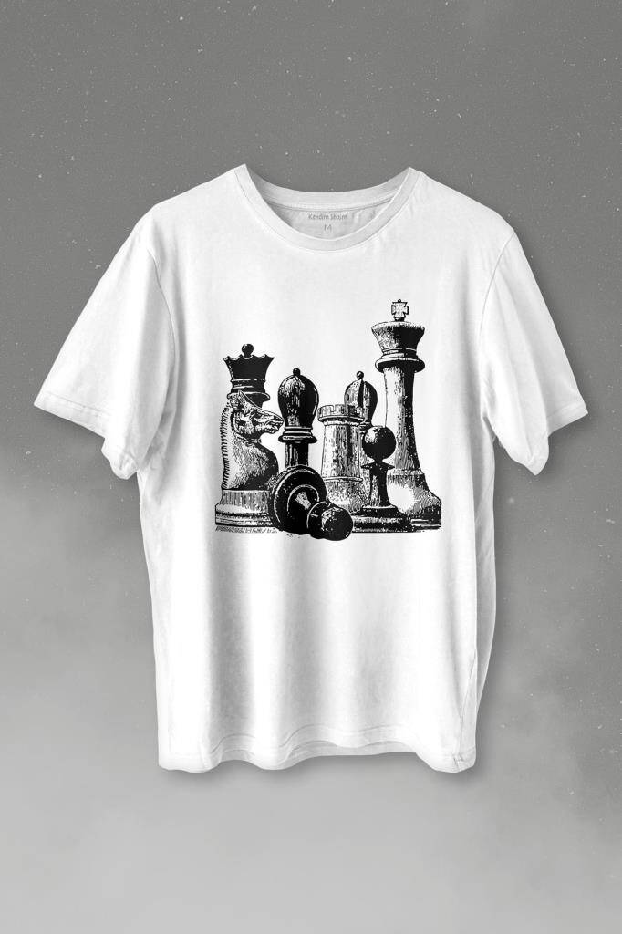 Chess Satranç Taşları Fil At Kale Vezir Baskılı Beyaz Tişört Unisex