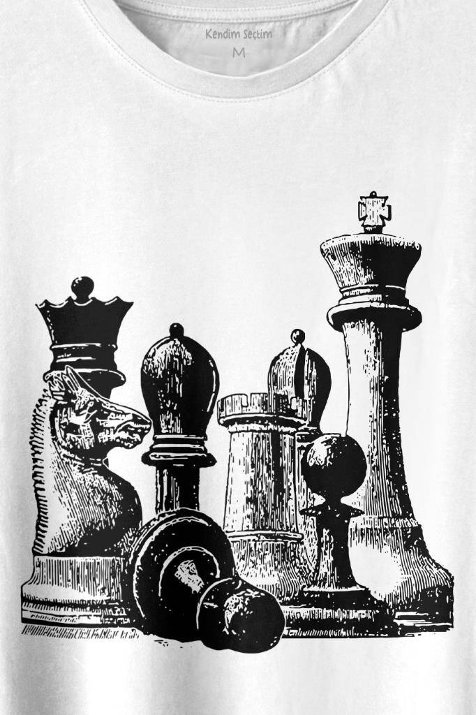 Chess Satranç Taşları Fil At Kale Vezir Baskılı Beyaz Tişört Unisex (1)