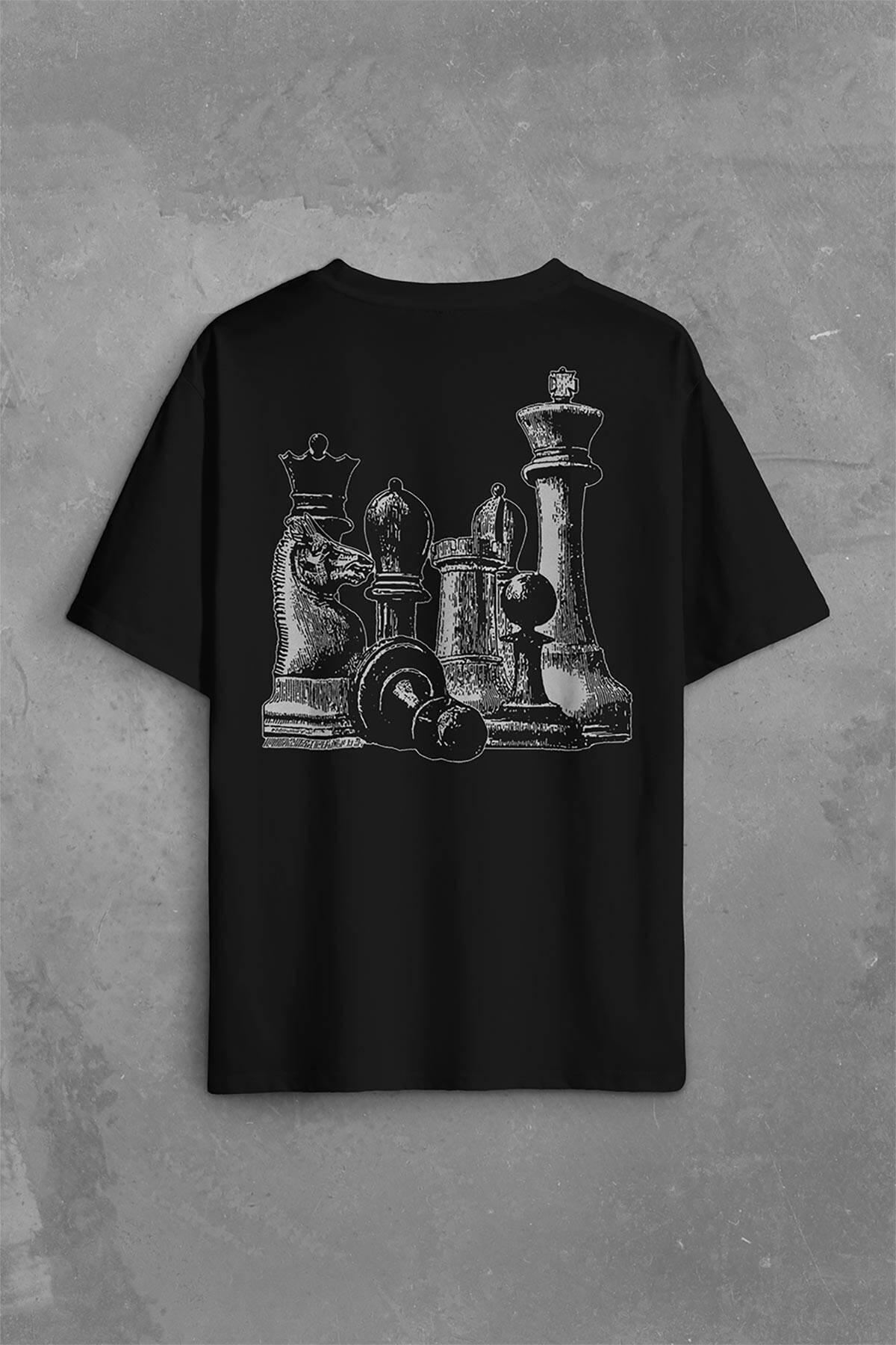 Chess Satranç Taşları Fil At Kale Vezir Sırt Ön Baskılı Oversize Tişört Unisex