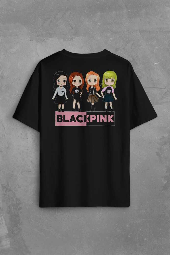 Chibi BlackPink Müzik Güney Kore Sırt Ön Baskılı Siyah Oversize Tişört Unisex (1)