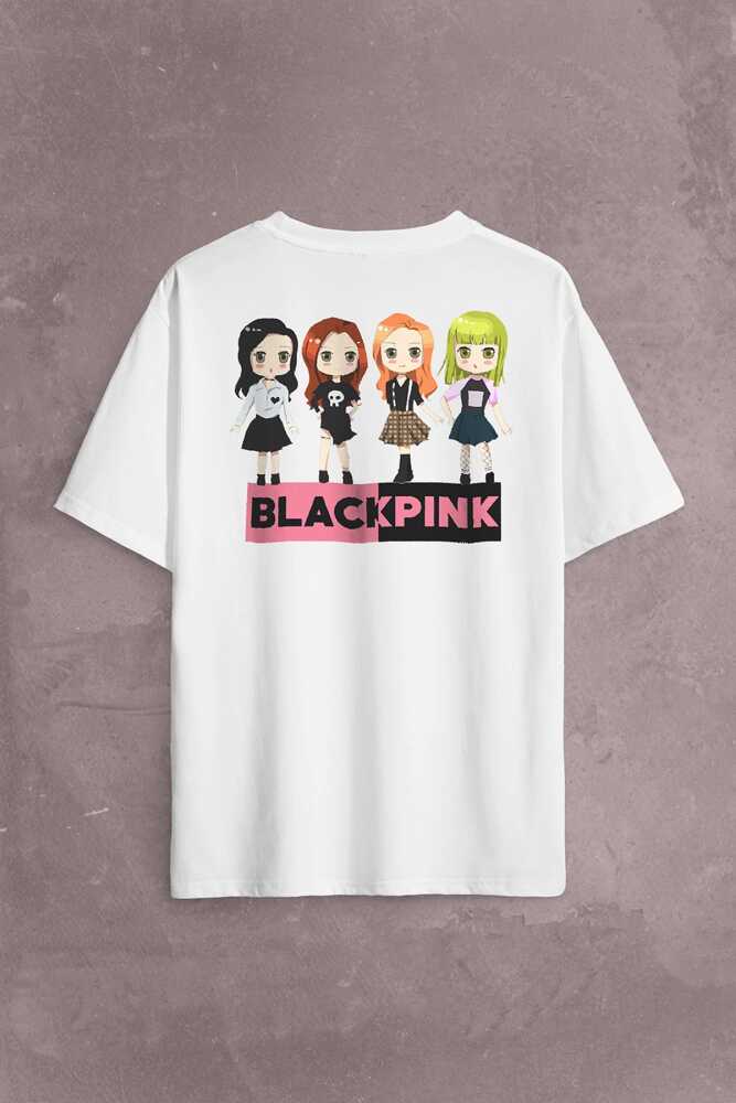 Chibi BlackPink Müzik Güney Kore Sırt Ön Baskılı Beyaz Oversize Tişört Unisex