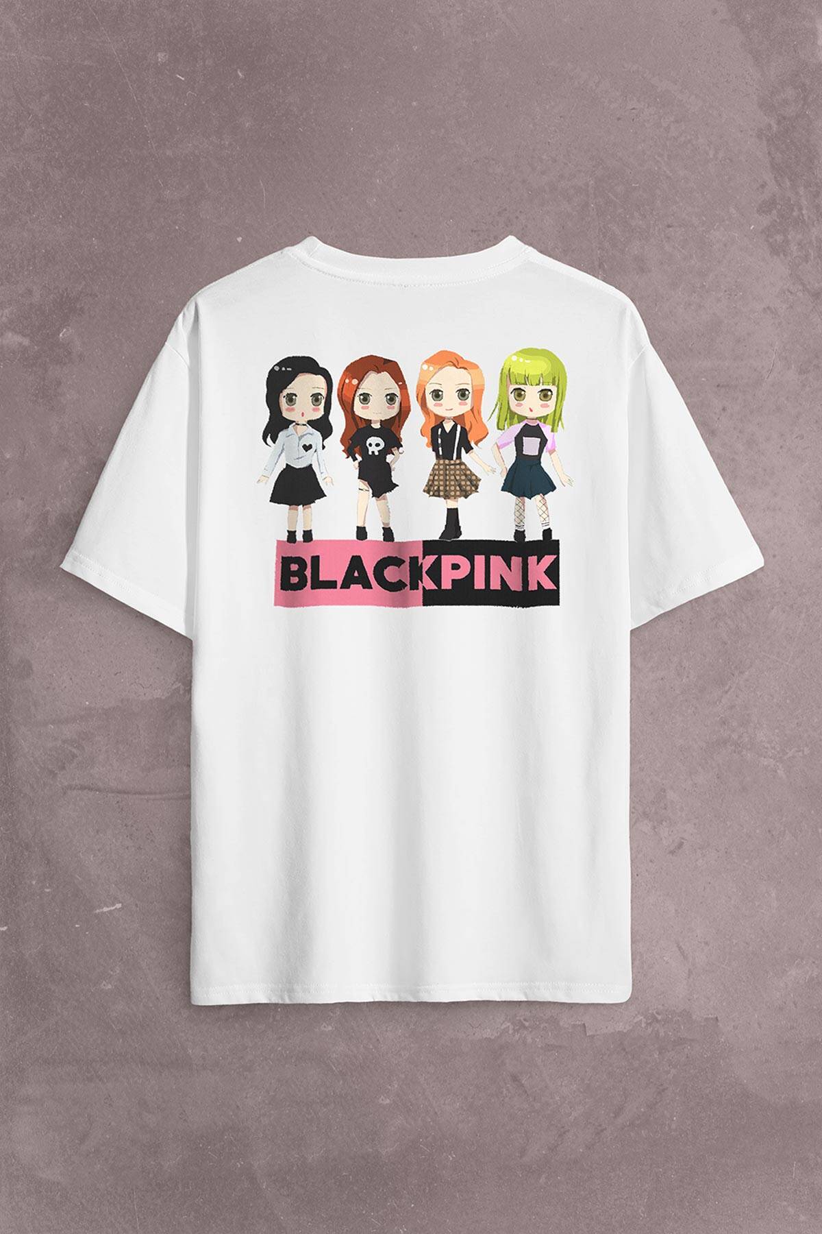 Chibi BlackPink Müzik Güney Kore Sırt Ön Baskılı Beyaz Oversize Tişört Unisex