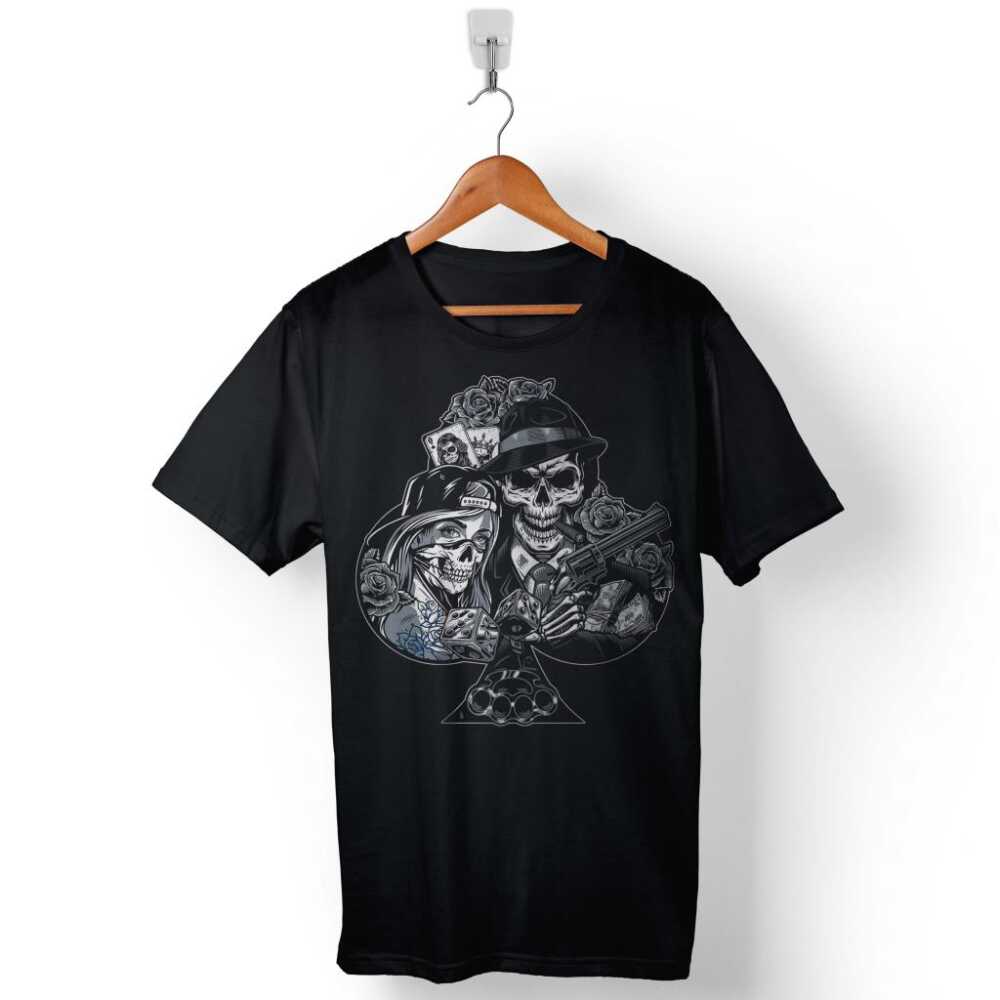 Chicano Style Maça Kızı As Gungs Kuru Kafa Baskılı Tişört Unisex