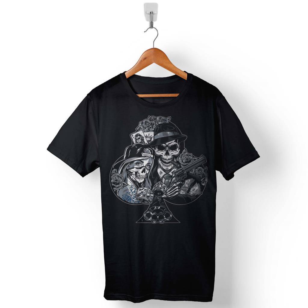 Chicano Style Maça Kızı As Gungs Kuru Kafa Baskılı Tişört Unisex