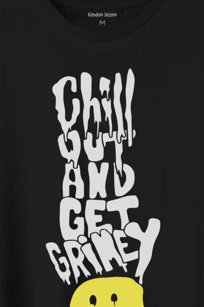 Chill Out And Get Grimey Relax Smile Gülen Surat Baskılı Siyah Tişört Unisex (1)