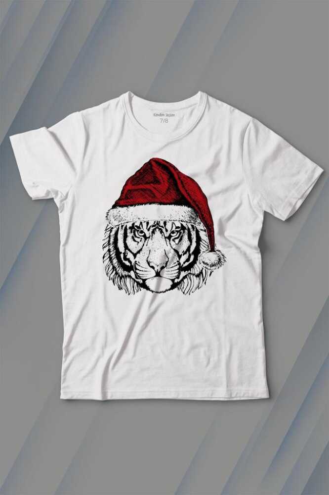 Christmas Kaplan Noel Şapkalı Wild Cat Yılbaşı Beyaz Çocuk Kısa Kollu Tişört